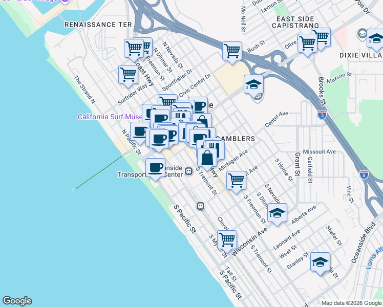 map of restaurants, bars, coffee shops, grocery stores, and more near 114 South Tremont Street in Oceanside