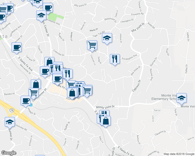 map of restaurants, bars, coffee shops, grocery stores, and more near 2297 Alta Vista Drive in Vista