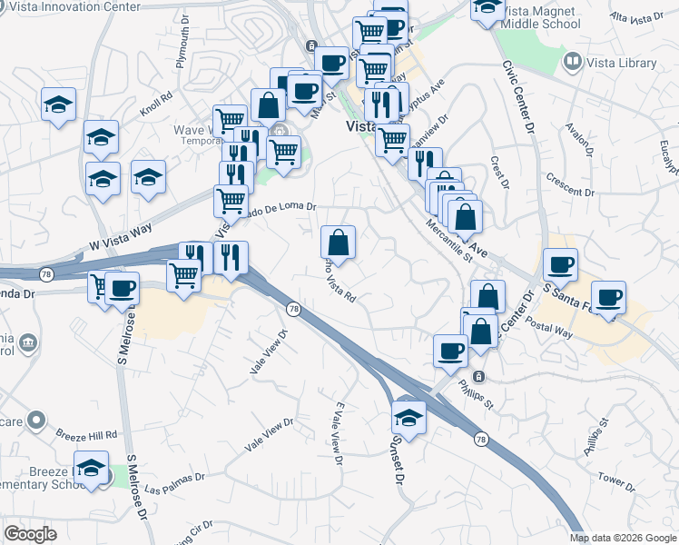 map of restaurants, bars, coffee shops, grocery stores, and more near 526 Pina Lane in Vista