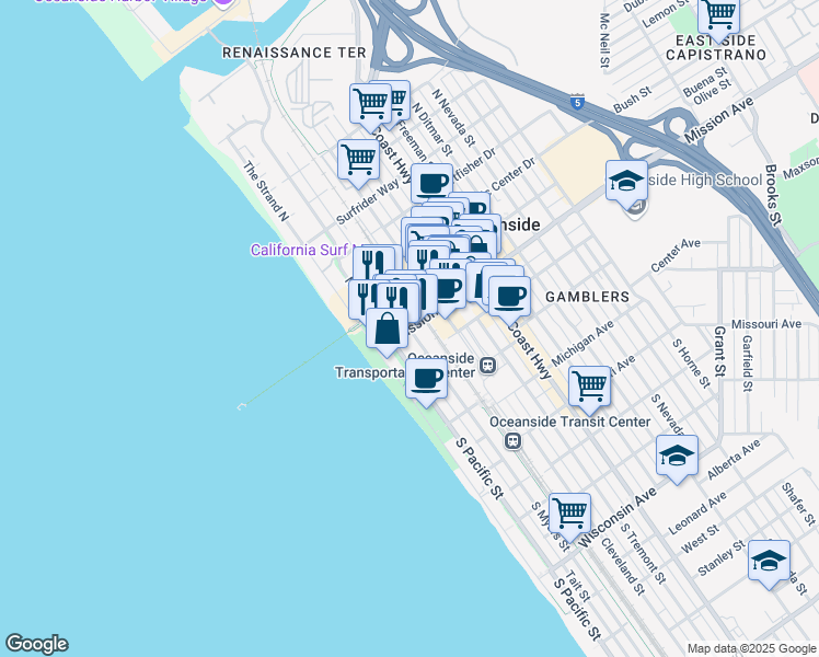 map of restaurants, bars, coffee shops, grocery stores, and more near Mission Avenue & North Myers Street in Oceanside