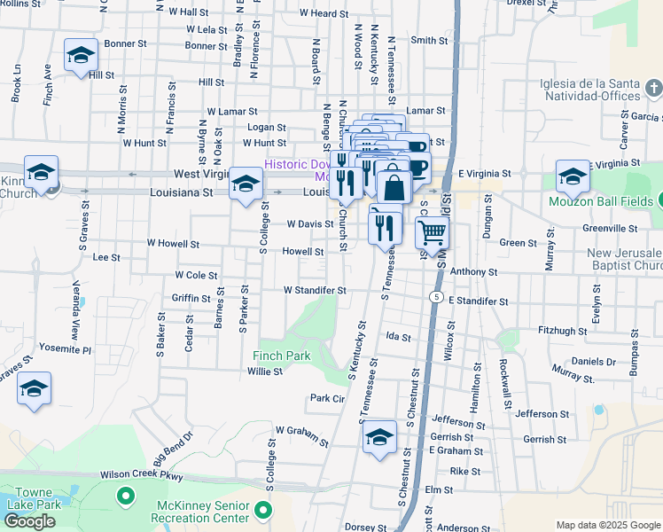 map of restaurants, bars, coffee shops, grocery stores, and more near 405 South Benge Street in McKinney