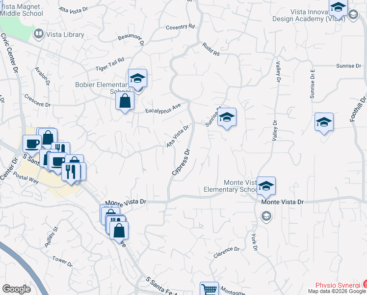 map of restaurants, bars, coffee shops, grocery stores, and more near 831 Cypress Drive in Vista