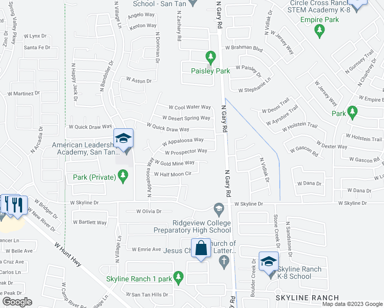 map of restaurants, bars, coffee shops, grocery stores, and more near 1755 West Prospector Way in Queen Creek