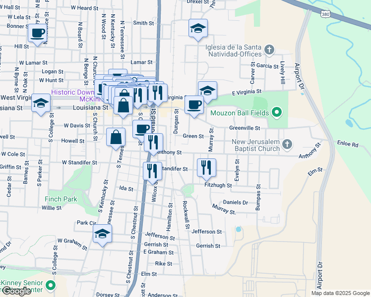 map of restaurants, bars, coffee shops, grocery stores, and more near 804 Green Street in McKinney