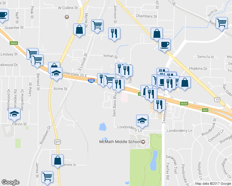 map of restaurants, bars, coffee shops, grocery stores, and more near 1716 Sam Bass Boulevard in Denton