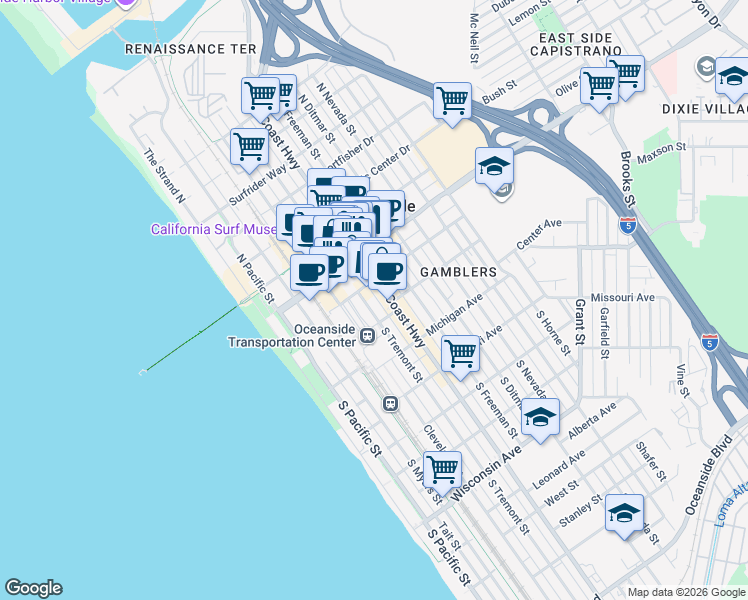 map of restaurants, bars, coffee shops, grocery stores, and more near 114 South Tremont Street in Oceanside