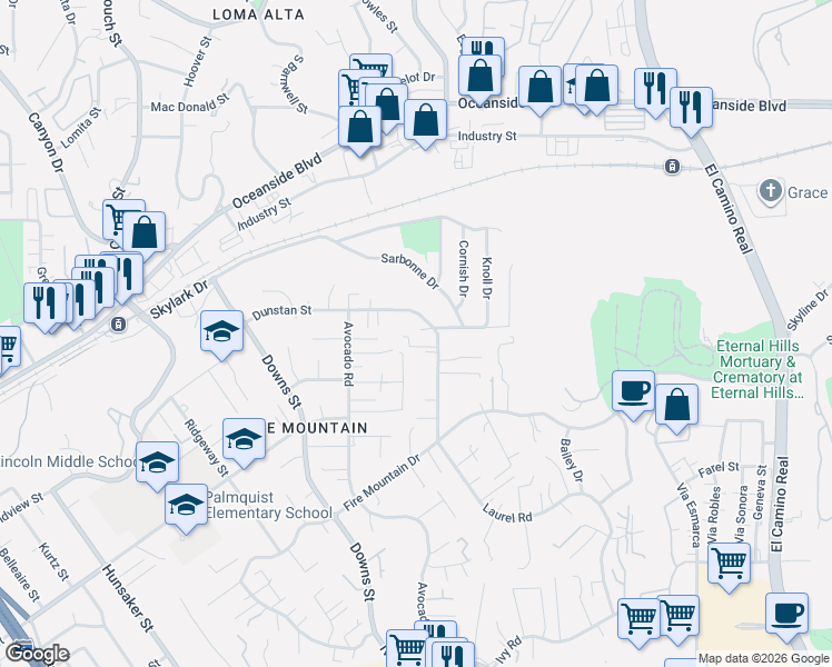 map of restaurants, bars, coffee shops, grocery stores, and more near 2510 Dunstan Street in Oceanside