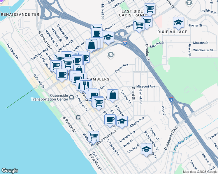 map of restaurants, bars, coffee shops, grocery stores, and more near 239 South Horne Street in Oceanside