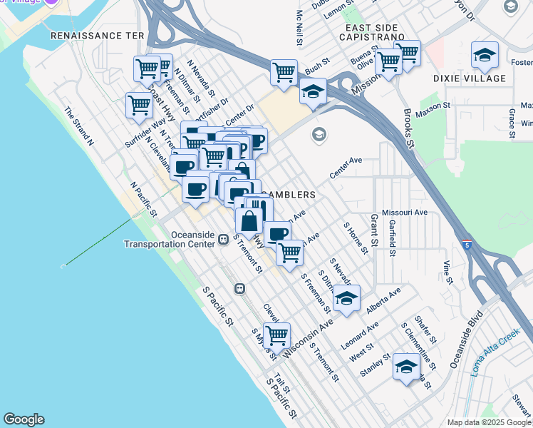 map of restaurants, bars, coffee shops, grocery stores, and more near 204 South Ditmar Street in Oceanside