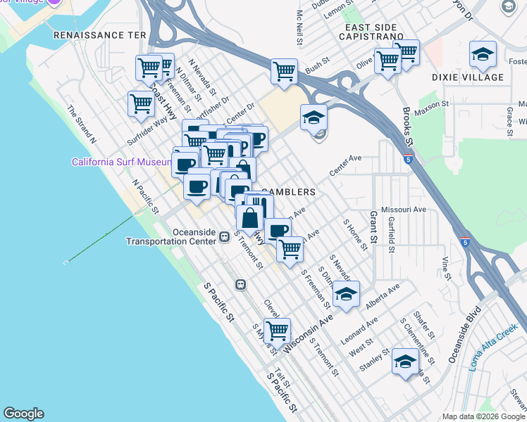 map of restaurants, bars, coffee shops, grocery stores, and more near 204 South Ditmar Street in Oceanside