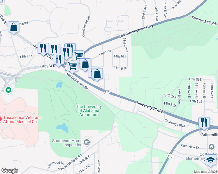 map of restaurants, bars, coffee shops, grocery stores, and more near 4830 University Boulevard East in Tuscaloosa