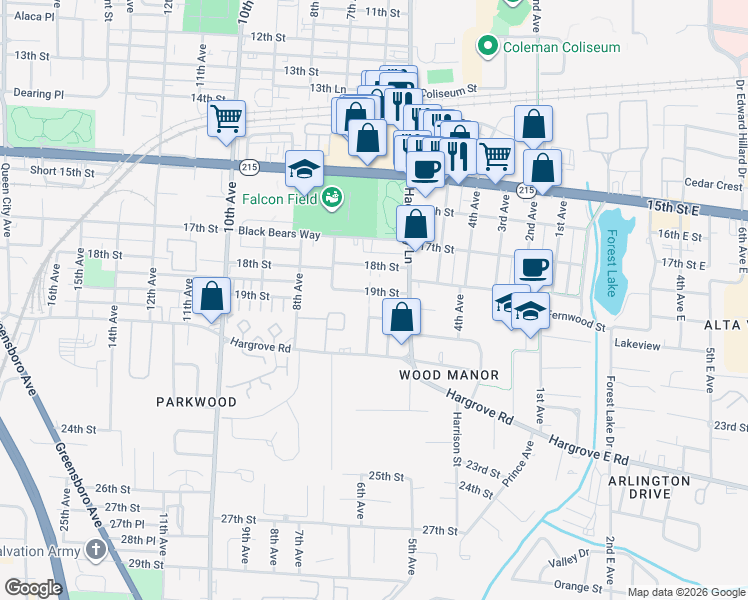 map of restaurants, bars, coffee shops, grocery stores, and more near 1809 6th Avenue in Tuscaloosa