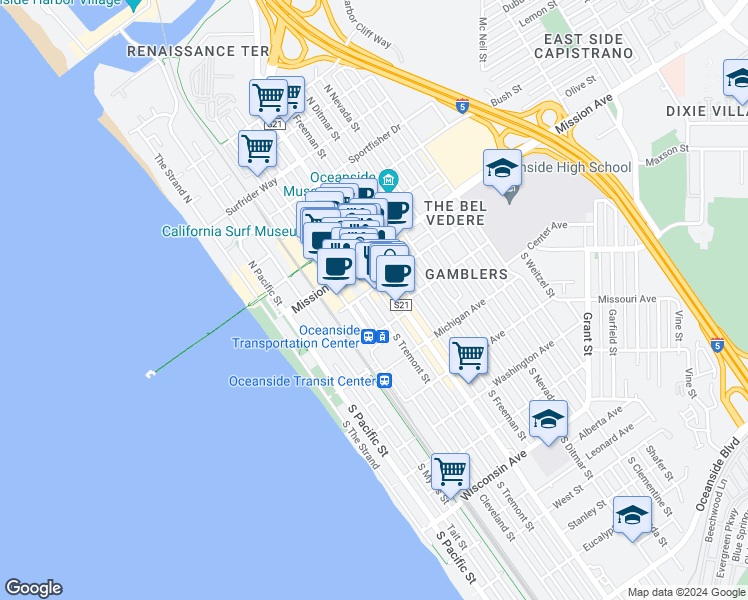 map of restaurants, bars, coffee shops, grocery stores, and more near 106 South Tremont Street in Oceanside