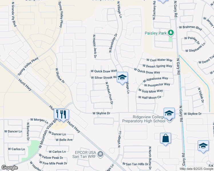 map of restaurants, bars, coffee shops, grocery stores, and more near 2511 West Prospector Way in Queen Creek
