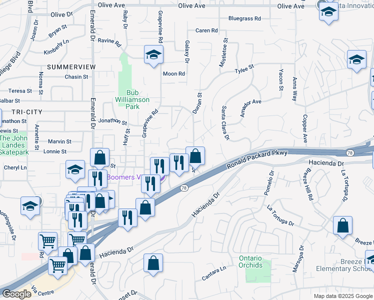 map of restaurants, bars, coffee shops, grocery stores, and more near 1413 Janis Lynn Lane in Vista