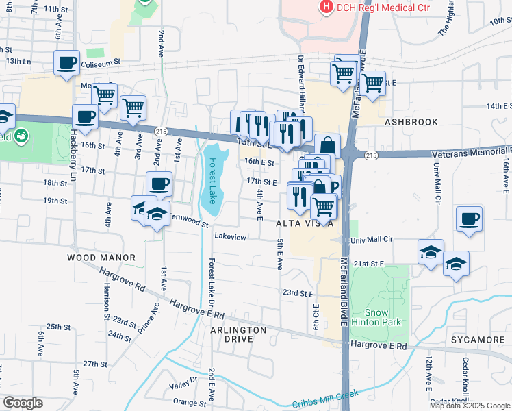 map of restaurants, bars, coffee shops, grocery stores, and more near 404 18th Street East in Tuscaloosa