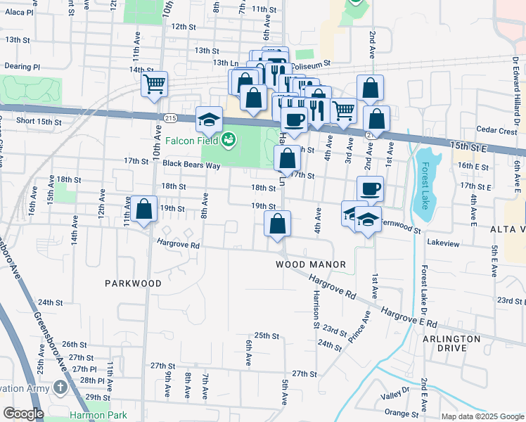 map of restaurants, bars, coffee shops, grocery stores, and more near 1809 6th Avenue in Tuscaloosa