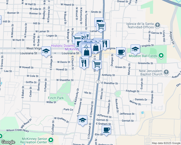 map of restaurants, bars, coffee shops, grocery stores, and more near 210 South McDonald Street in McKinney