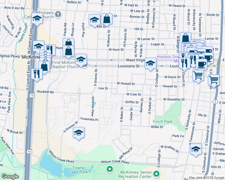 map of restaurants, bars, coffee shops, grocery stores, and more near 400 South Waddill Street in McKinney