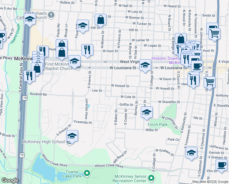 map of restaurants, bars, coffee shops, grocery stores, and more near 400 South Waddill Street in McKinney
