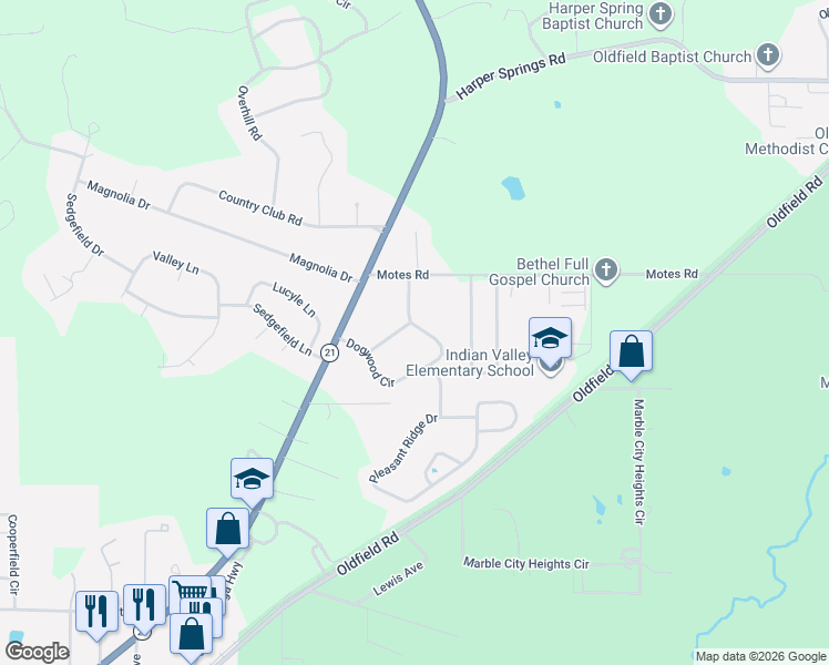 map of restaurants, bars, coffee shops, grocery stores, and more near 1225 Dogwood Circle in Sylacauga