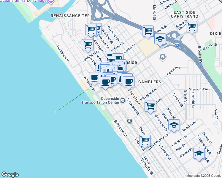 map of restaurants, bars, coffee shops, grocery stores, and more near 119 North Cleveland Street in Oceanside