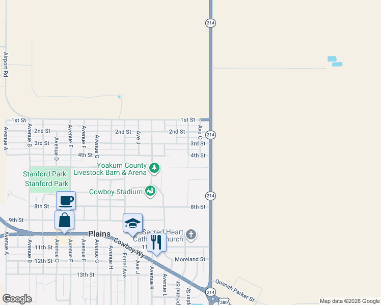 map of restaurants, bars, coffee shops, grocery stores, and more near 1401 4th Street in Plains