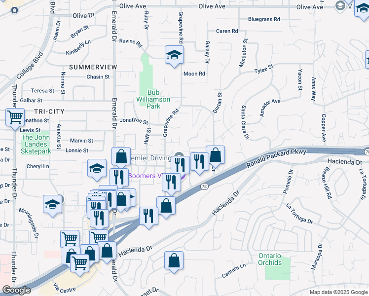 map of restaurants, bars, coffee shops, grocery stores, and more near 1432 Janis Lynn Lane in Vista
