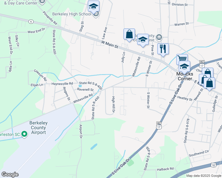 map of restaurants, bars, coffee shops, grocery stores, and more near 207 Whitesville Road in Moncks Corner