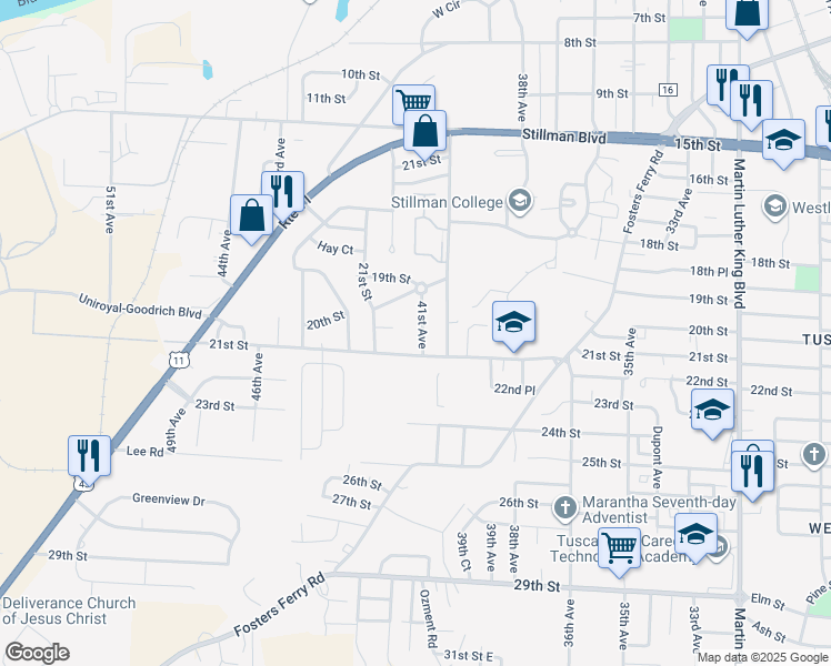 map of restaurants, bars, coffee shops, grocery stores, and more near 2001 41st Avenue in Tuscaloosa