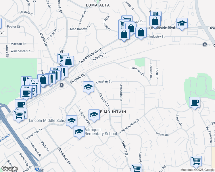 map of restaurants, bars, coffee shops, grocery stores, and more near 1410 Crestridge Drive in Oceanside