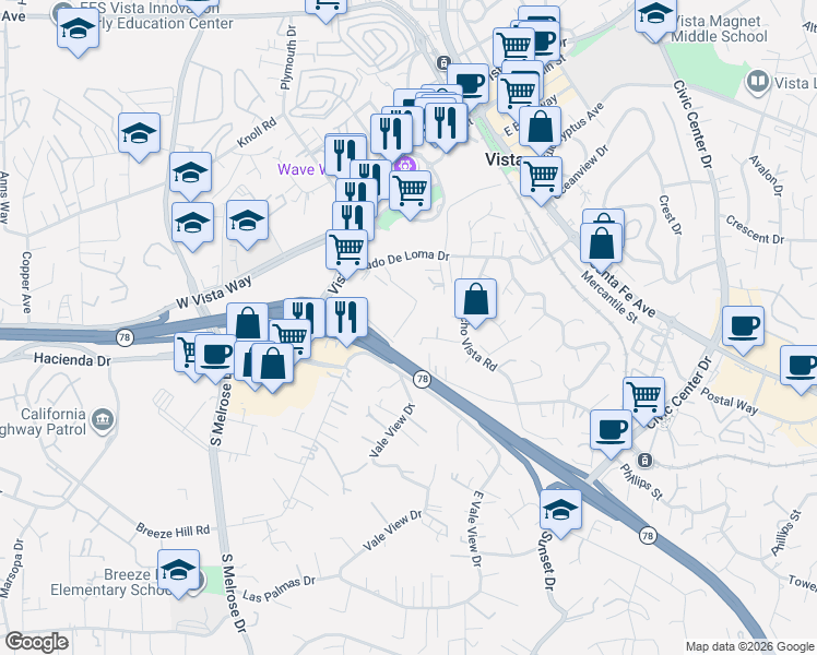 map of restaurants, bars, coffee shops, grocery stores, and more near 583 Hildale Circle in Vista