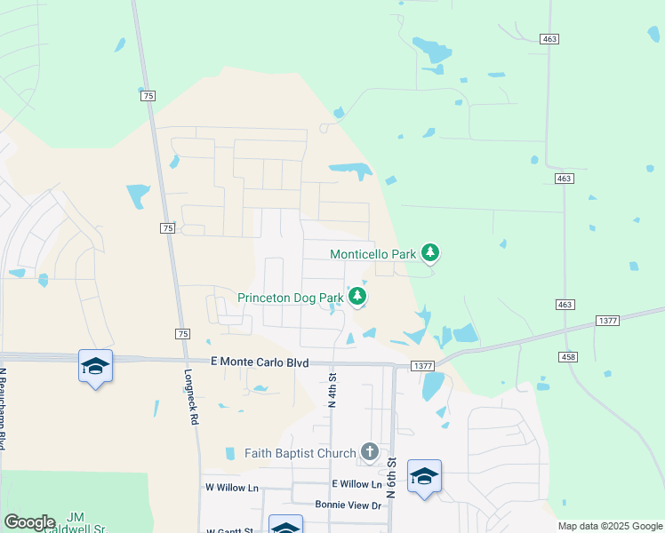 map of restaurants, bars, coffee shops, grocery stores, and more near 8432 Biggs Road in Princeton