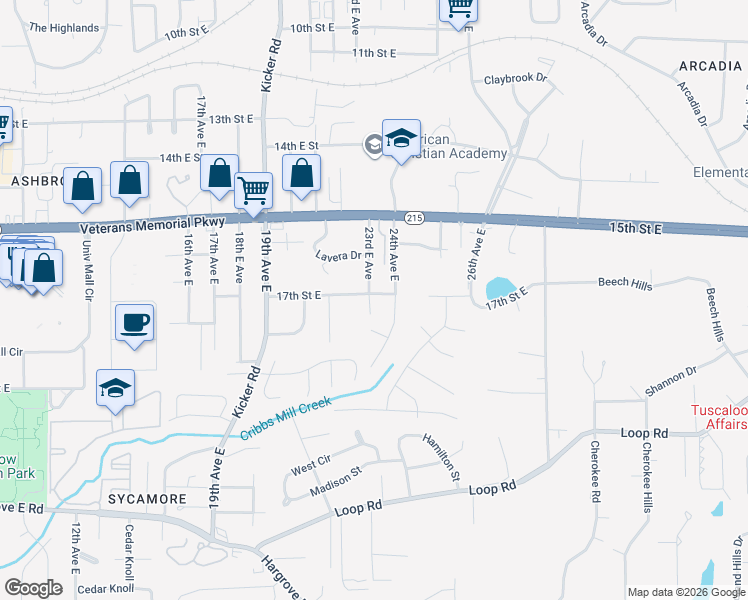 map of restaurants, bars, coffee shops, grocery stores, and more near 1630 23rd Avenue East in Tuscaloosa