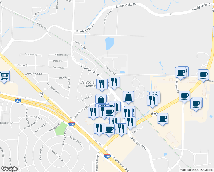 map of restaurants, bars, coffee shops, grocery stores, and more near 2228 Colorado Boulevard in Denton
