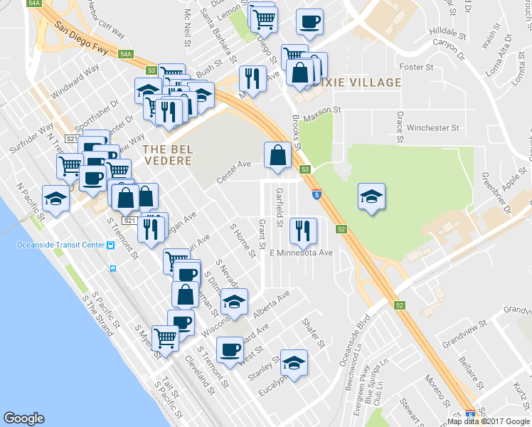 map of restaurants, bars, coffee shops, grocery stores, and more near 1302 Missouri Avenue in Oceanside