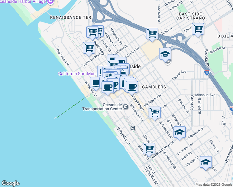 map of restaurants, bars, coffee shops, grocery stores, and more near 301 Mission Avenue in Oceanside