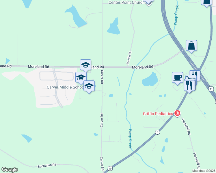 map of restaurants, bars, coffee shops, grocery stores, and more near 2158 Carver Road in Griffin