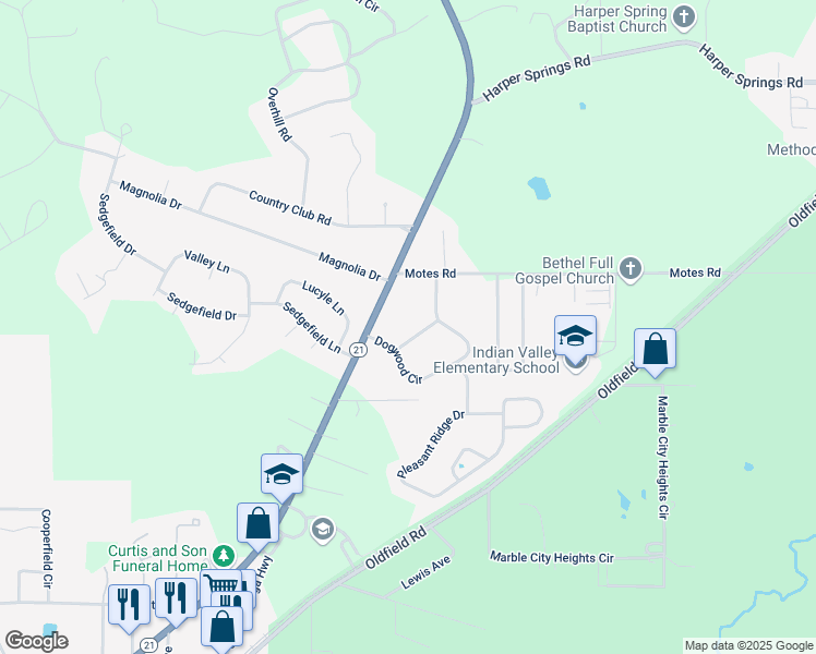 map of restaurants, bars, coffee shops, grocery stores, and more near 2106 Talladega Highway in Sylacauga