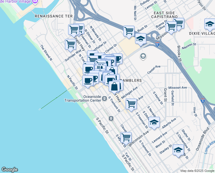 map of restaurants, bars, coffee shops, grocery stores, and more near 517 Seagaze Drive in Oceanside