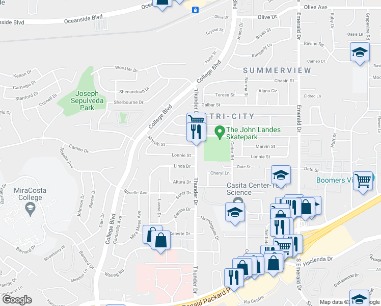 map of restaurants, bars, coffee shops, grocery stores, and more near 4086 Lonnie Street in Oceanside