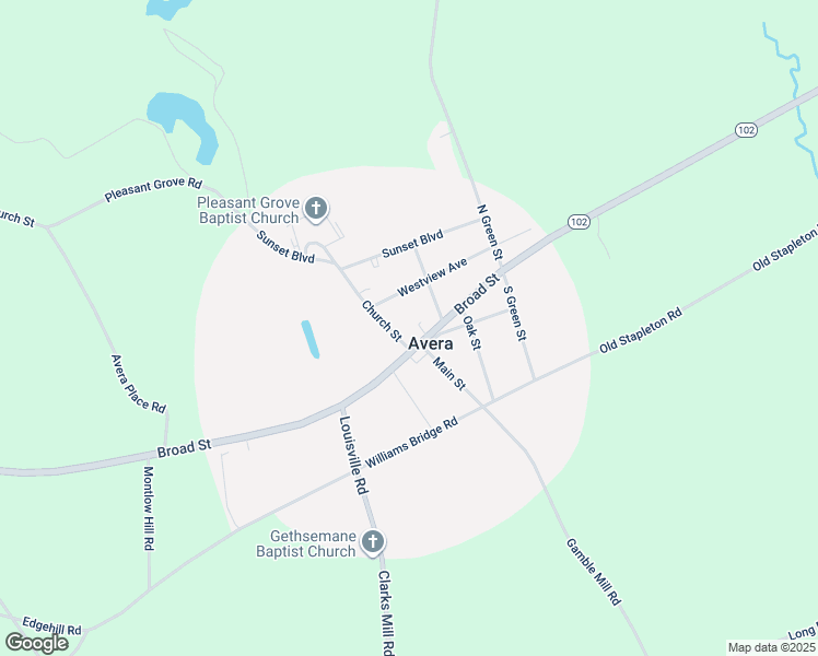 map of restaurants, bars, coffee shops, grocery stores, and more near 9474 Broad Street in Avera