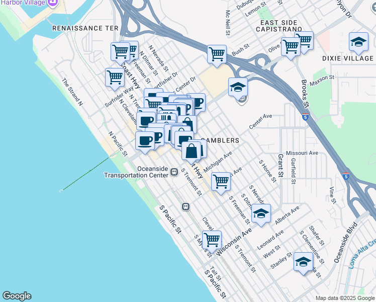 map of restaurants, bars, coffee shops, grocery stores, and more near 517 Seagaze Drive in Oceanside