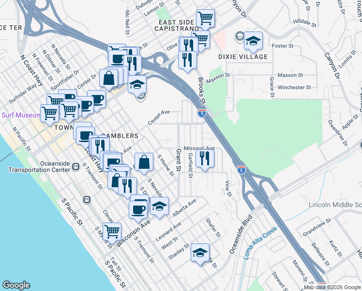 map of restaurants, bars, coffee shops, grocery stores, and more near 1302 Missouri Avenue in Oceanside