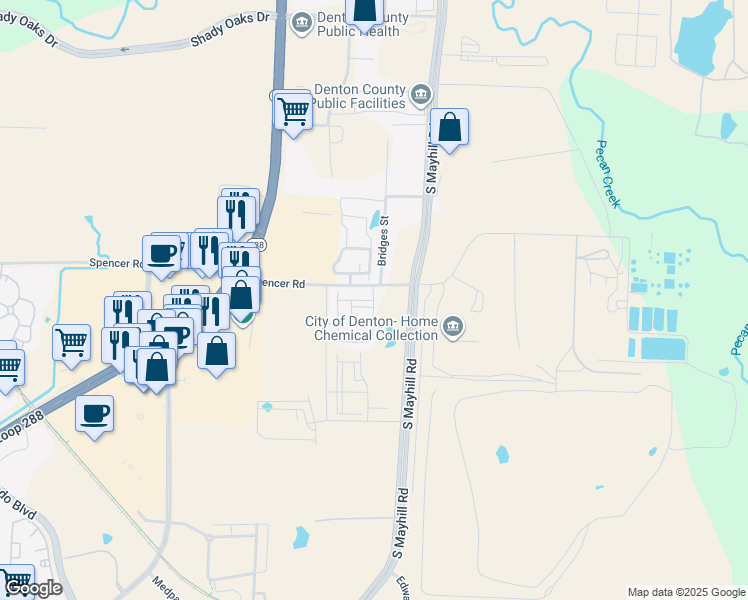 map of restaurants, bars, coffee shops, grocery stores, and more near 2874-2898 Spencer Rd in Denton