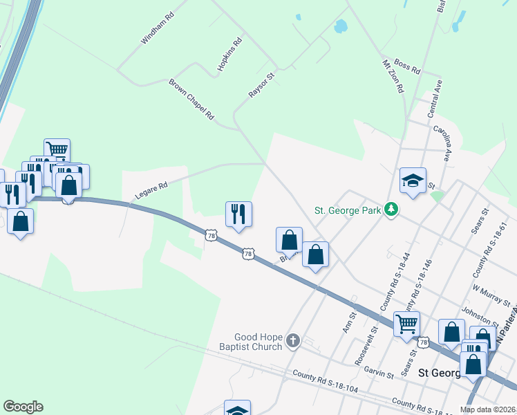 map of restaurants, bars, coffee shops, grocery stores, and more near 224 Raysor Street in Saint George