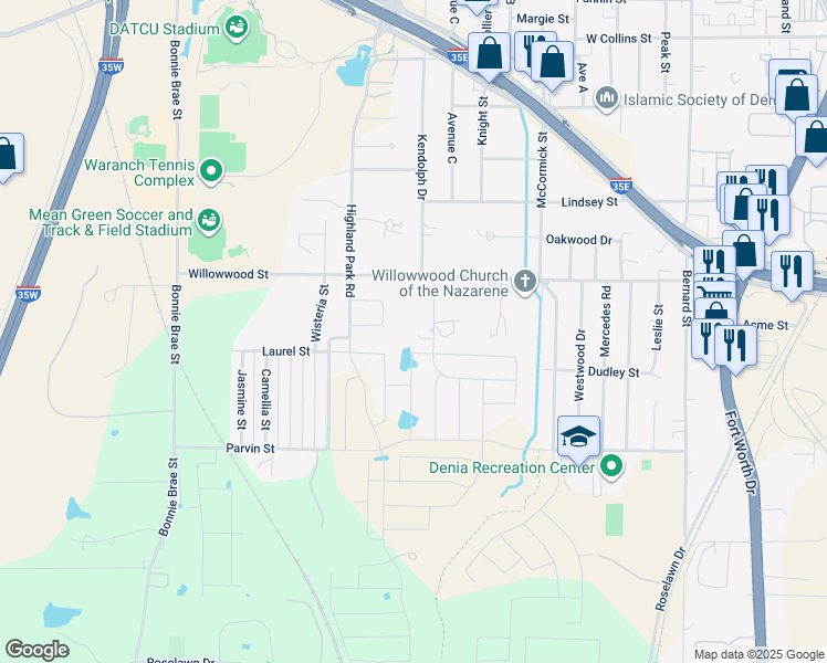 map of restaurants, bars, coffee shops, grocery stores, and more near 2026 Kendolph Drive in Denton
