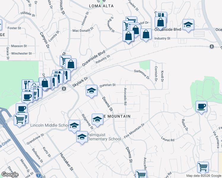 map of restaurants, bars, coffee shops, grocery stores, and more near 1410 Crestridge Drive in Oceanside