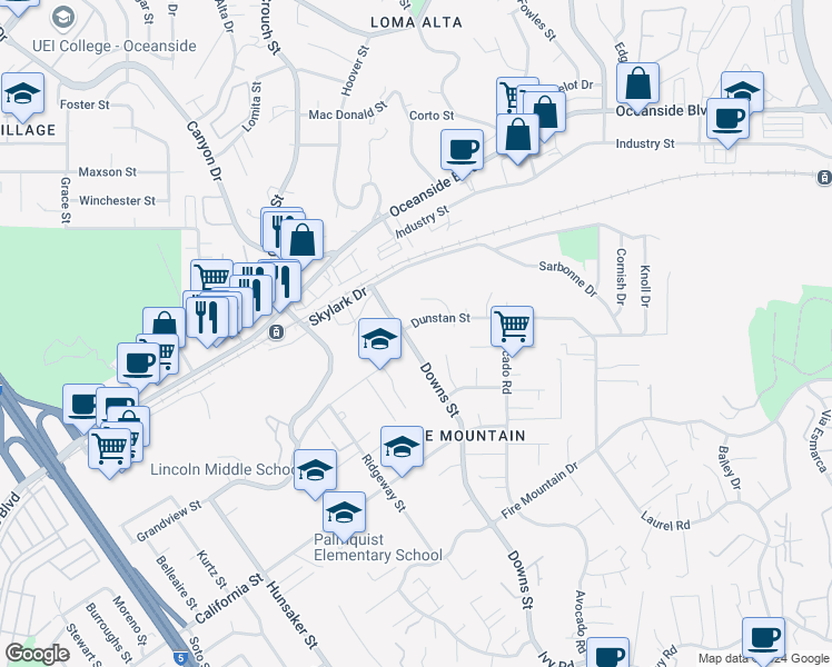 map of restaurants, bars, coffee shops, grocery stores, and more near 2277 Dunstan Street in Oceanside