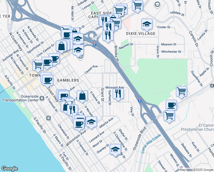 map of restaurants, bars, coffee shops, grocery stores, and more near 1312 Missouri Avenue in Oceanside
